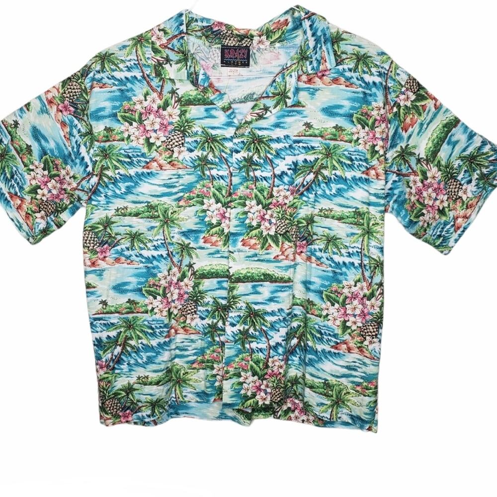 Vintage Krazy Klothes hawaiian blue pink floral button front top shirt small